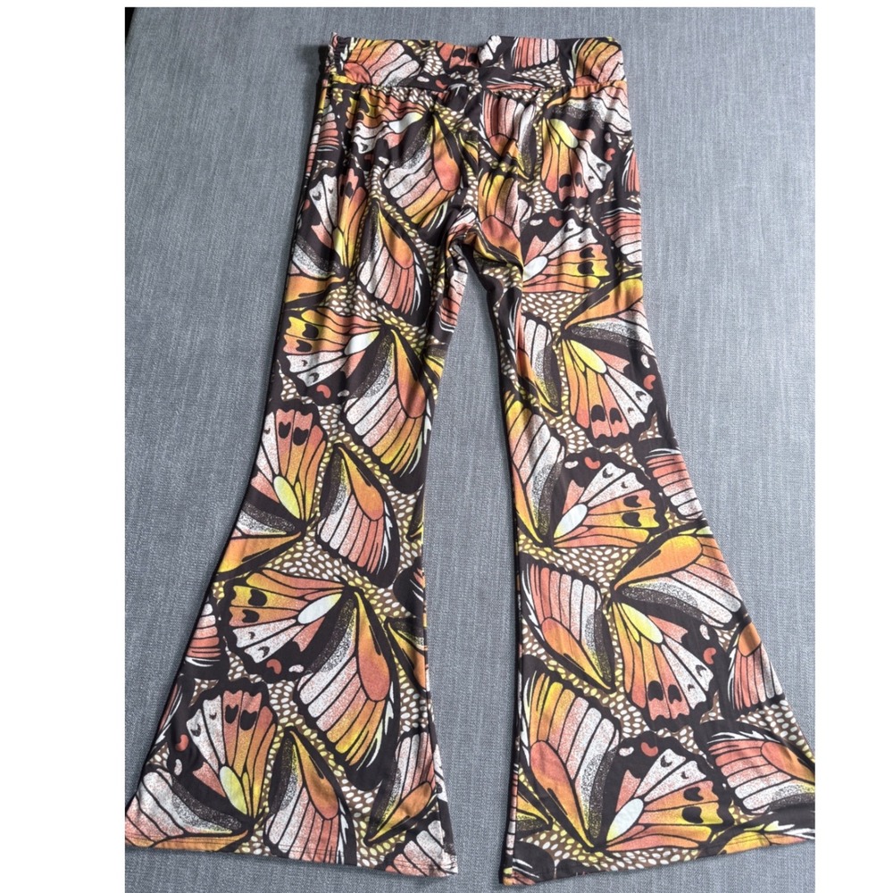 Earthbound Trading Co Butterfly Wing Print Flare Pants XXL Orange Black Boho 70s - Picture 3 of 3